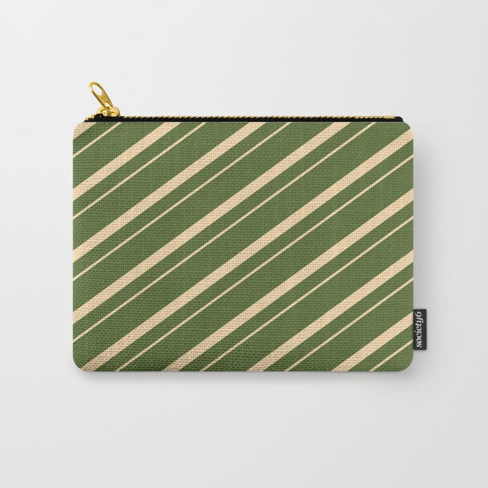 Dark Olive Green & Tan Colored Lined/Striped Pattern Carry-All Pouch