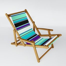 [ Thumbnail: Mint Cream, Dark Turquoise, Indigo, Aquamarine, and Black Colored Striped/Lined Pattern Sling Chair ]