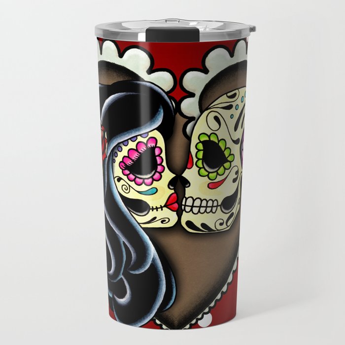 Ashes - Day of the Dead Couple - Kissing Sugar Skull Lovers Travel Mug