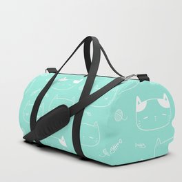 Seafoam and White Doodle Kitten Faces Pattern Duffle Bag