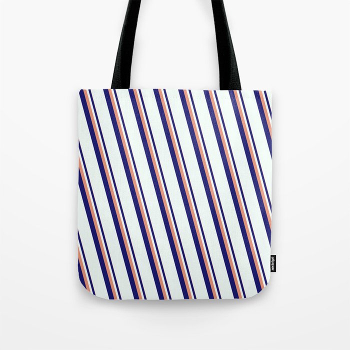 Dark Salmon, Midnight Blue & Mint Cream Colored Stripes Pattern Tote Bag
