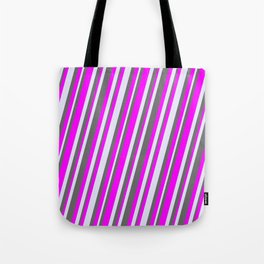 [ Thumbnail: Dim Gray, Fuchsia, and Lavender Colored Striped/Lined Pattern Tote Bag ]