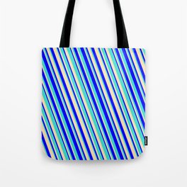 [ Thumbnail: Blue, Turquoise & Beige Colored Striped/Lined Pattern Tote Bag ]