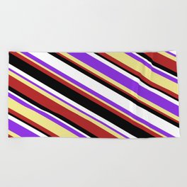 [ Thumbnail: Colorful Purple, Tan, Red, Black & White Colored Stripes Pattern Beach Towel ]