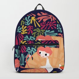 Girl with flamingo and Henri Matisse inspired decoration, vector illustration, blue Backpack
