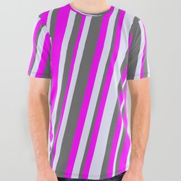 [ Thumbnail: Dim Gray, Fuchsia, and Lavender Colored Striped/Lined Pattern All Over Graphic Tee ]