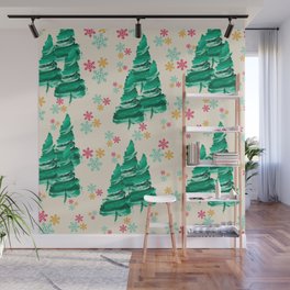 Pine Trees and Snow Flakes (Cream) Wall Mural