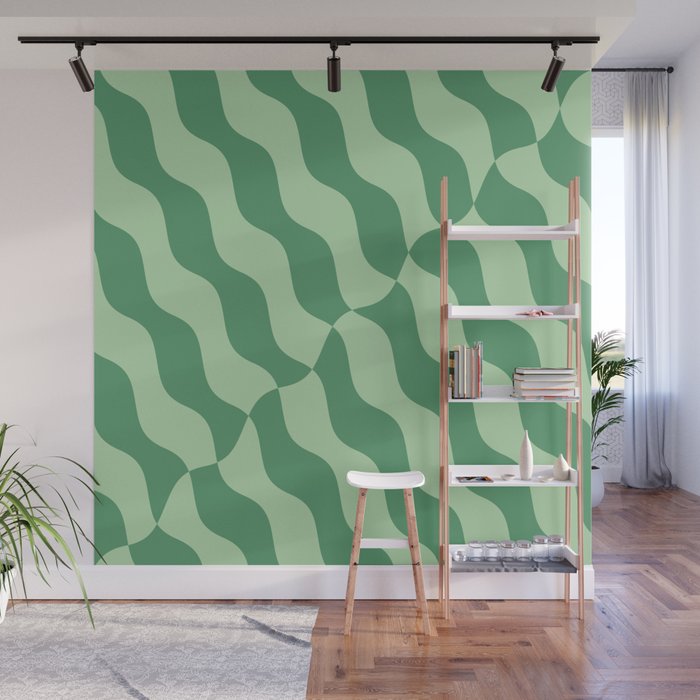 Retro Wavy Abstract Swirl Pattern in Green Wall Mural