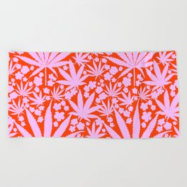 Pink On Red Retro Modern Cannabis And Spring Flowers Beach Towel