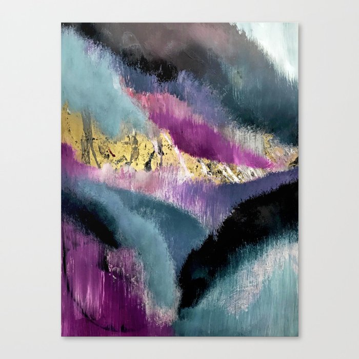 Gemini: a vibrant, colorful abstract piece in gold, purple, blue, black, and white Canvas Print