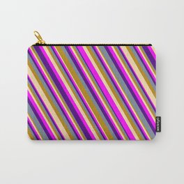 [ Thumbnail: Eye-catching Dark Goldenrod, Tan, Fuchsia, Indigo, and Light Slate Gray Colored Striped Pattern Carry-All Pouch ]