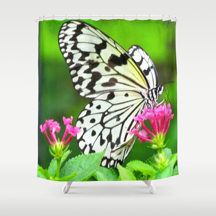 Butterfly and Pink Flowers Shower Curtain