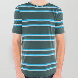 [ Thumbnail: Dark Slate Gray, Deep Sky Blue & Light Gray Colored Lines Pattern All Over Graphic Tee ]