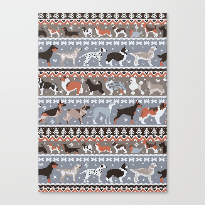 Fluffy and bright fair isle knitting doggie friends // grey and taupe brown background brown orange white and grey dog breeds  Canvas Print
