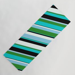 [ Thumbnail: Eye-catching Mint Cream, Sky Blue, Forest Green, Dark Turquoise & Black Colored Pattern of Stripes Yoga Mat ]