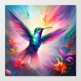 Vibrant and Colorful painting of a Hummingbird in flight Canvas Print
