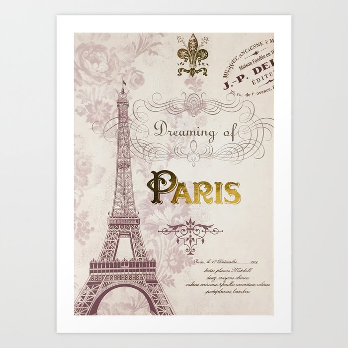 Paris Eiffel Tower French Script Blush Pink Montage Art Print