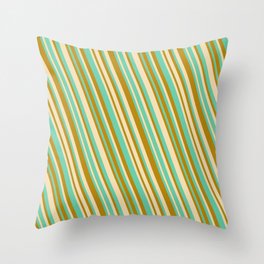 [ Thumbnail: Tan, Aquamarine & Dark Goldenrod Colored Striped/Lined Pattern Throw Pillow ]