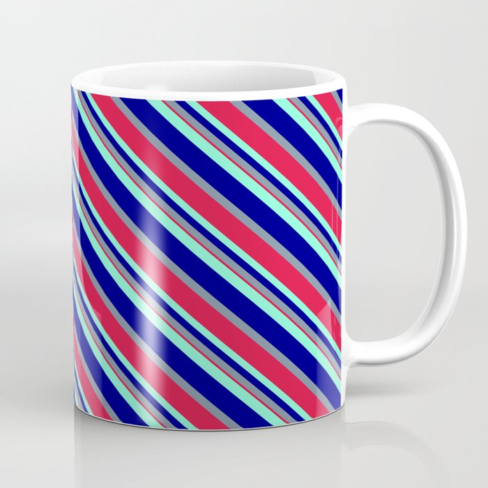 Aquamarine, Blue, Light Slate Gray & Crimson Colored Lines/Stripes Pattern Coffee Mug