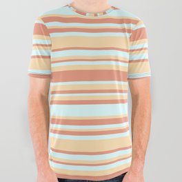 [ Thumbnail: Dark Salmon, Light Cyan, and Tan Colored Lines Pattern All Over Graphic Tee ]