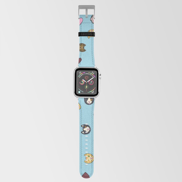 Heavenly Cute Hand Drawn Cat Faces Pattern - Sky Blue Apple Watch Band