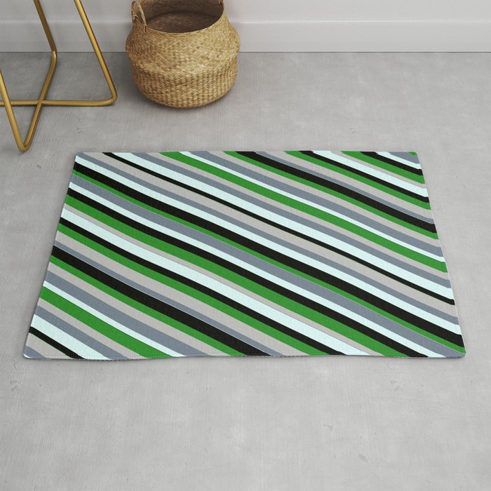 Eye-catching Forest Green, Grey, Slate Gray, Light Cyan & Black Colored Lined/Striped Pattern Rug