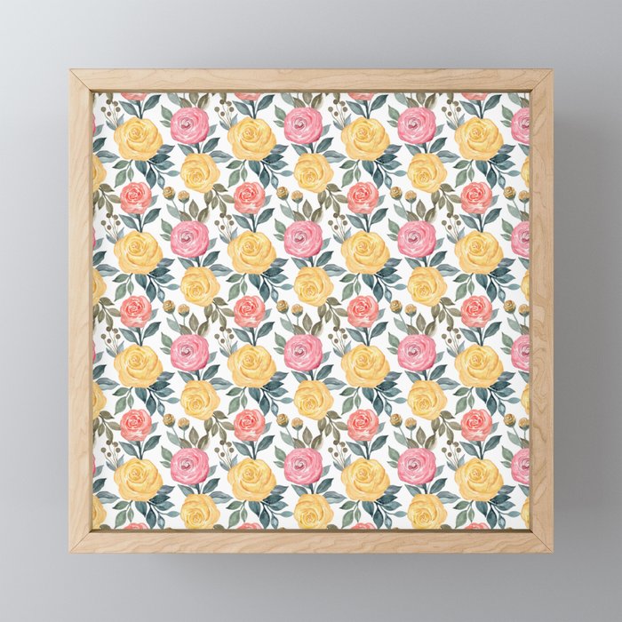 Pink and yellow watercolor flowers Framed Mini Art Print