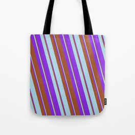[ Thumbnail: Sienna, Light Blue & Purple Colored Lines/Stripes Pattern Tote Bag ]