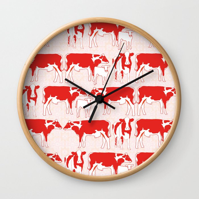 Pattern with retro red cows, retro pattern and colours Wall Clock