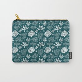 Teal Blue And White Coral Silhouette Pattern Carry-All Pouch