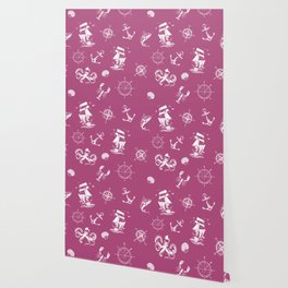 Magenta And White Silhouettes Of Vintage Nautical Pattern Wallpaper