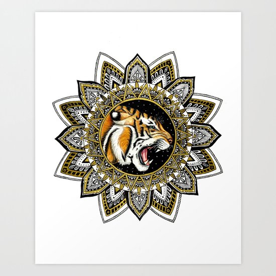 Black and Gold Roaring Tiger Mandala Art Print
