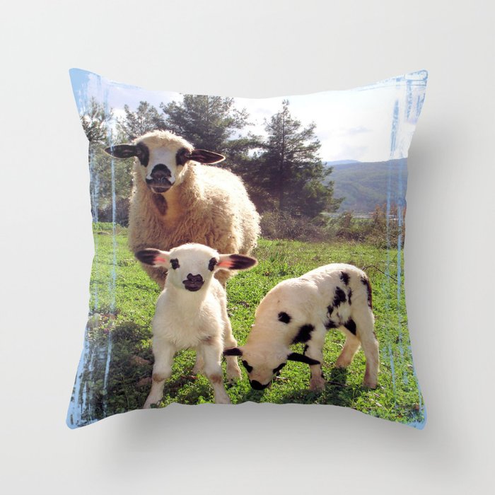 Ewe and Twin Spring Lambs Throw Pillow
