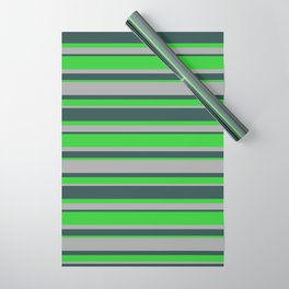 [ Thumbnail: Dark Slate Gray, Lime Green & Dark Gray Colored Stripes Pattern Wrapping Paper ]