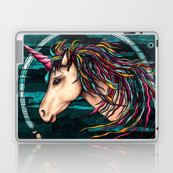Rainbow unicorn painting, legendary creature on teal background Laptop & iPad Skin