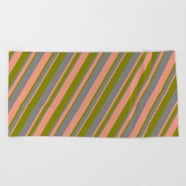 [ Thumbnail: Grey, Dark Salmon & Green Colored Stripes/Lines Pattern Beach Towel ]