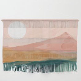 pink, green, gold moon watercolor mountains Wall Hanging | Mountains, Moon, Curated, Green, Pinkandgreen, Pink, Painting, Colorful, Watercolor, Gold 