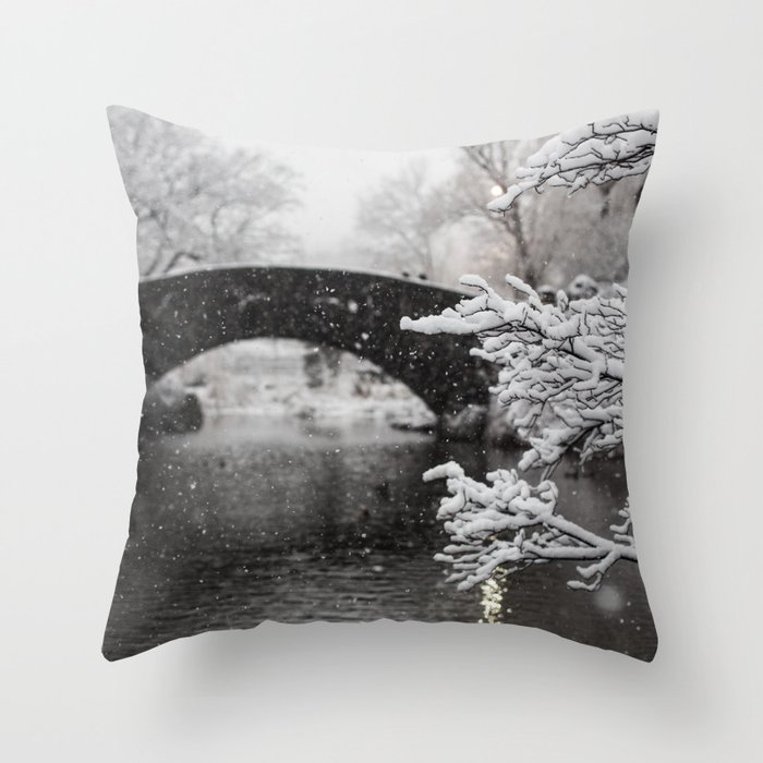 Snow at Bow Bridge Throw Pillow