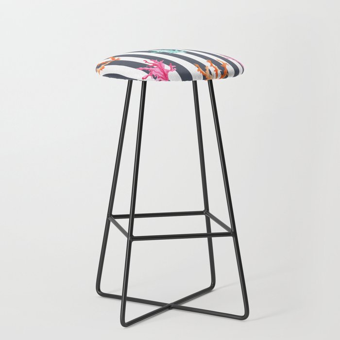 Colorful Coral Reef on Dark Gray Stripes Bar Stool