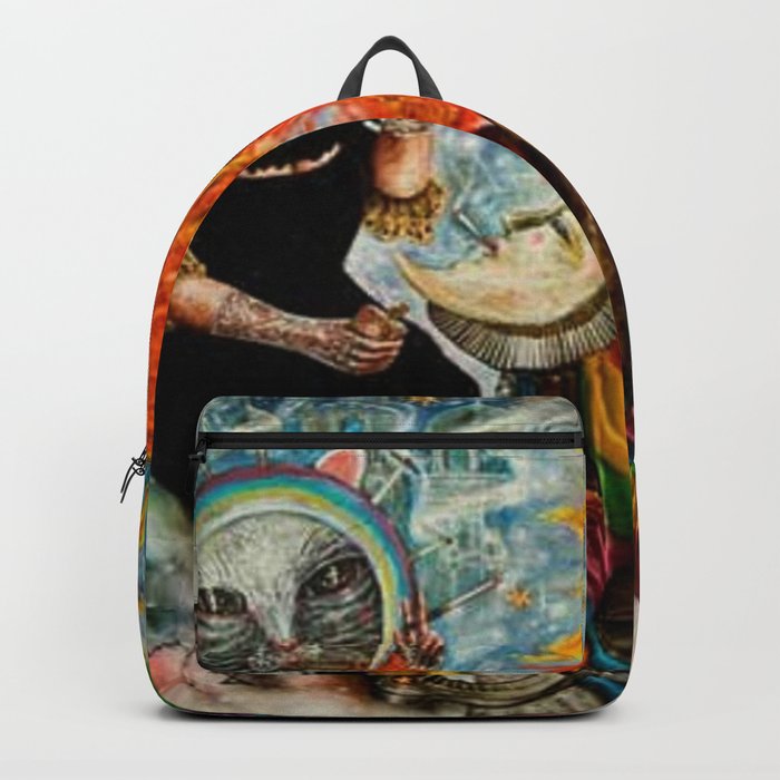 Gatos Malos, or Bad Kitties, portrait surrealist mural painting by A. Colunga Backpack