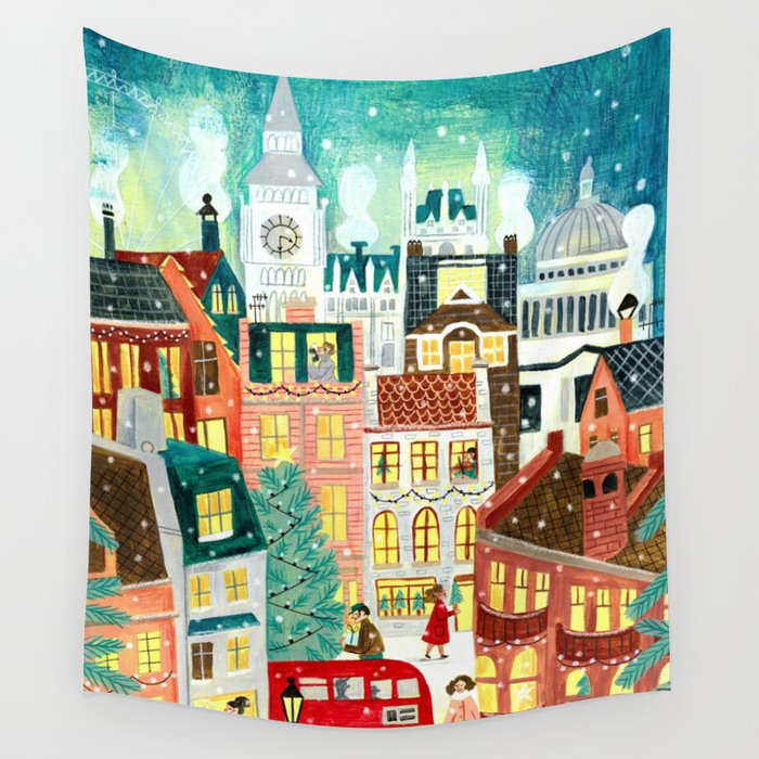 London city lights in the snow Wall Tapestry