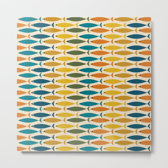 Mid-Century Modern Fish Stripes in Moroccan Teal, Green, Orange, Mustard, and Cream Metal Print
