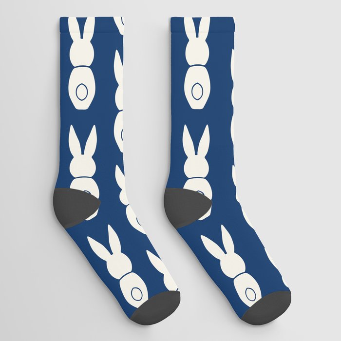 Vintage White Easter Bunnies Pattern on Dark Navy Blue Socks