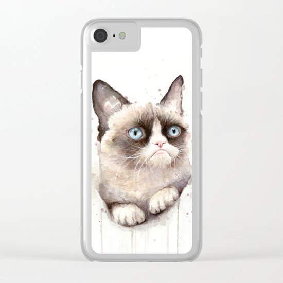 Grumpy Watercolor Cat Animals Meme Geek Art Clear iPhone Case
