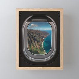 Coastal Kauai, Hawaii airplane porthole aerial view of beach, mountains, and turquise coast color landscape photograph / photography Framed Mini Art Print