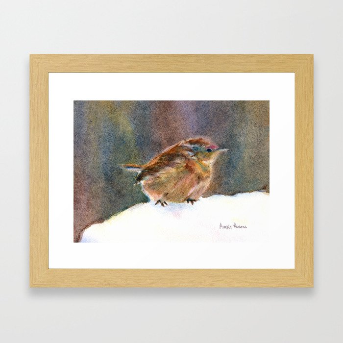 Mother Wren, from original watercolor painting by Pamela Parsons. bird, snow, mother bird Framed Art Print