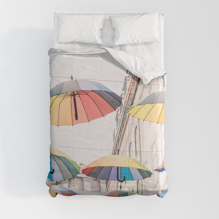 Lisbon Pink Street Umbrellas - Portugal Travel Photography Comforter