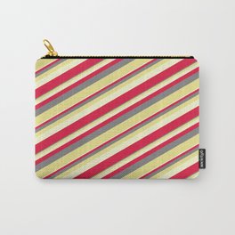 [ Thumbnail: Gray, Tan, Light Yellow & Crimson Colored Lines Pattern Carry-All Pouch ]