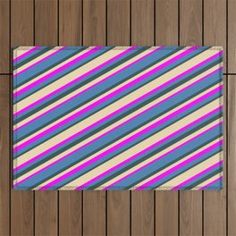 [ Thumbnail: Tan, Fuchsia, Blue, and Dark Slate Gray Colored Stripes Pattern Outdoor Rug ]