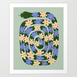 Flower Snake - Green, Blue and Off White Art Print